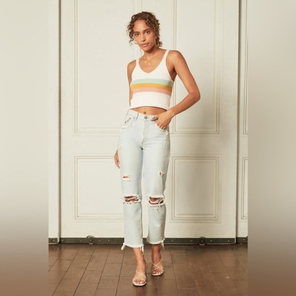 Boyish The Tommy Distressed High Rise Straight Leg Raw Hem Jeans Size 28